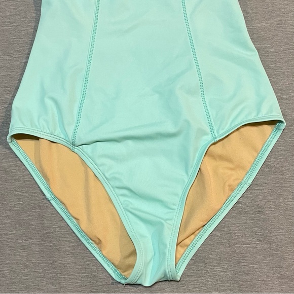 Zella Teal One Piece Swimsuit Small High Neck Crossback Athletic Shelf Bra - Picture 6 of 15